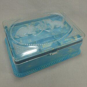 Vintage Hommer Mfg Slag Plastic Sewing Trinket Box Blue Marbled Kitten Cats Yarn